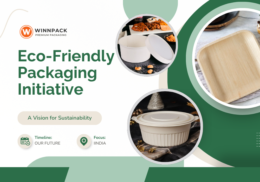 Sustainable packaging banner showing eco-friendly recyclable boxes and biodegradable packaging